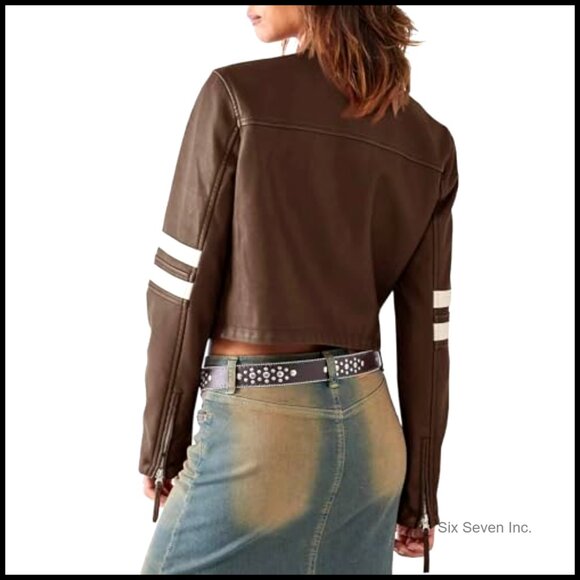 Faux Leather Cropped Moto Jacket with Zip Closure and Side Pockets - Picture 4 of 7